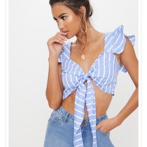 Blue Stripe Frill Tie Front Bralet